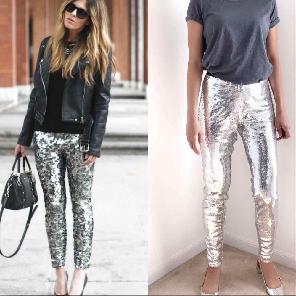 Silver Sequin Skinny Pants - Women's Sparkle Trousers